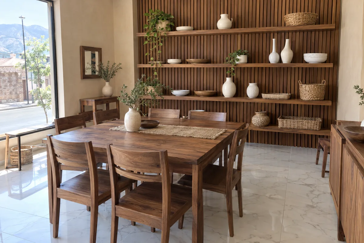 Showroom de Genus Home con estantes de madera y mesa de comedor