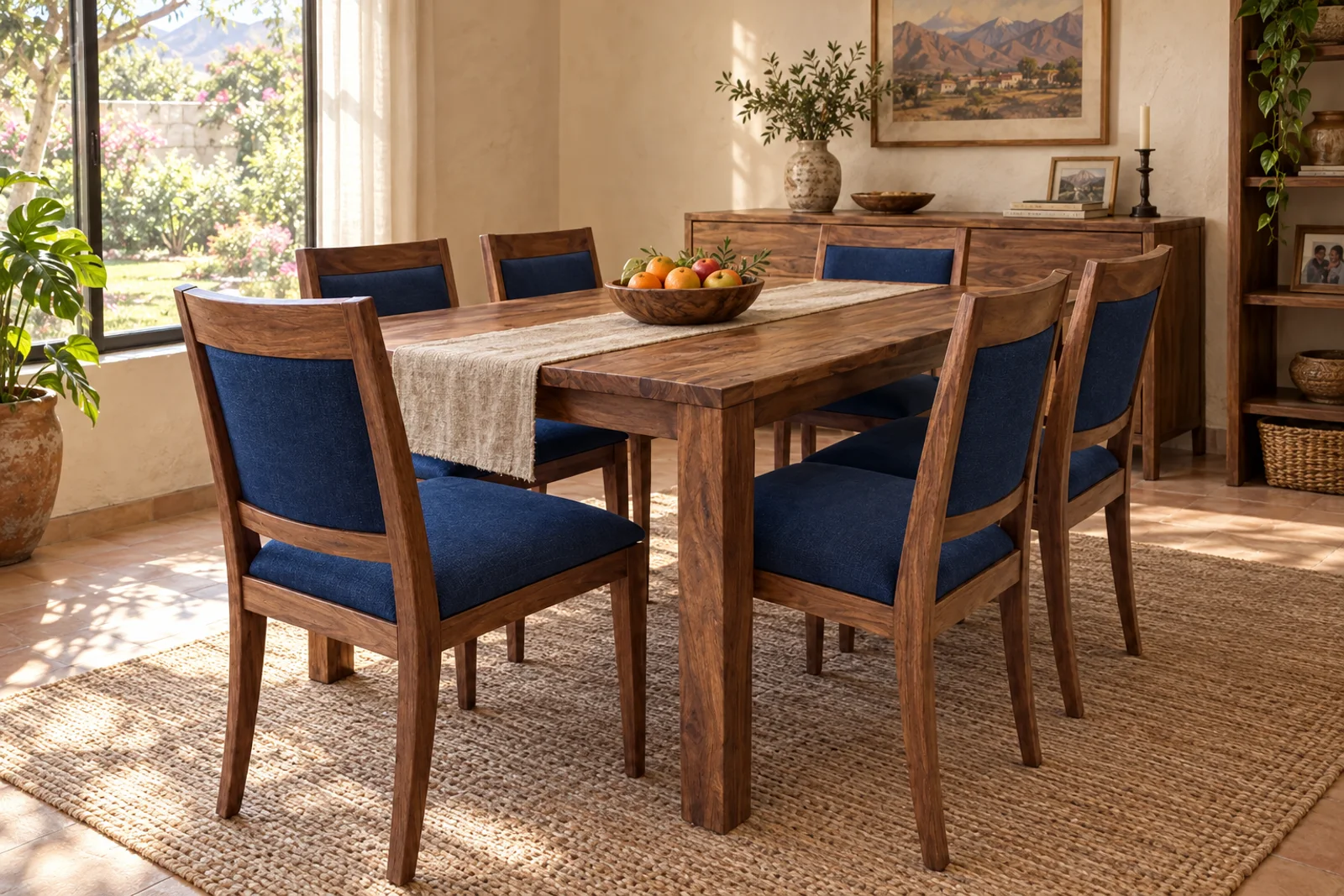 Mesa de comedor de madera con sillas azules en el comedor de una casa